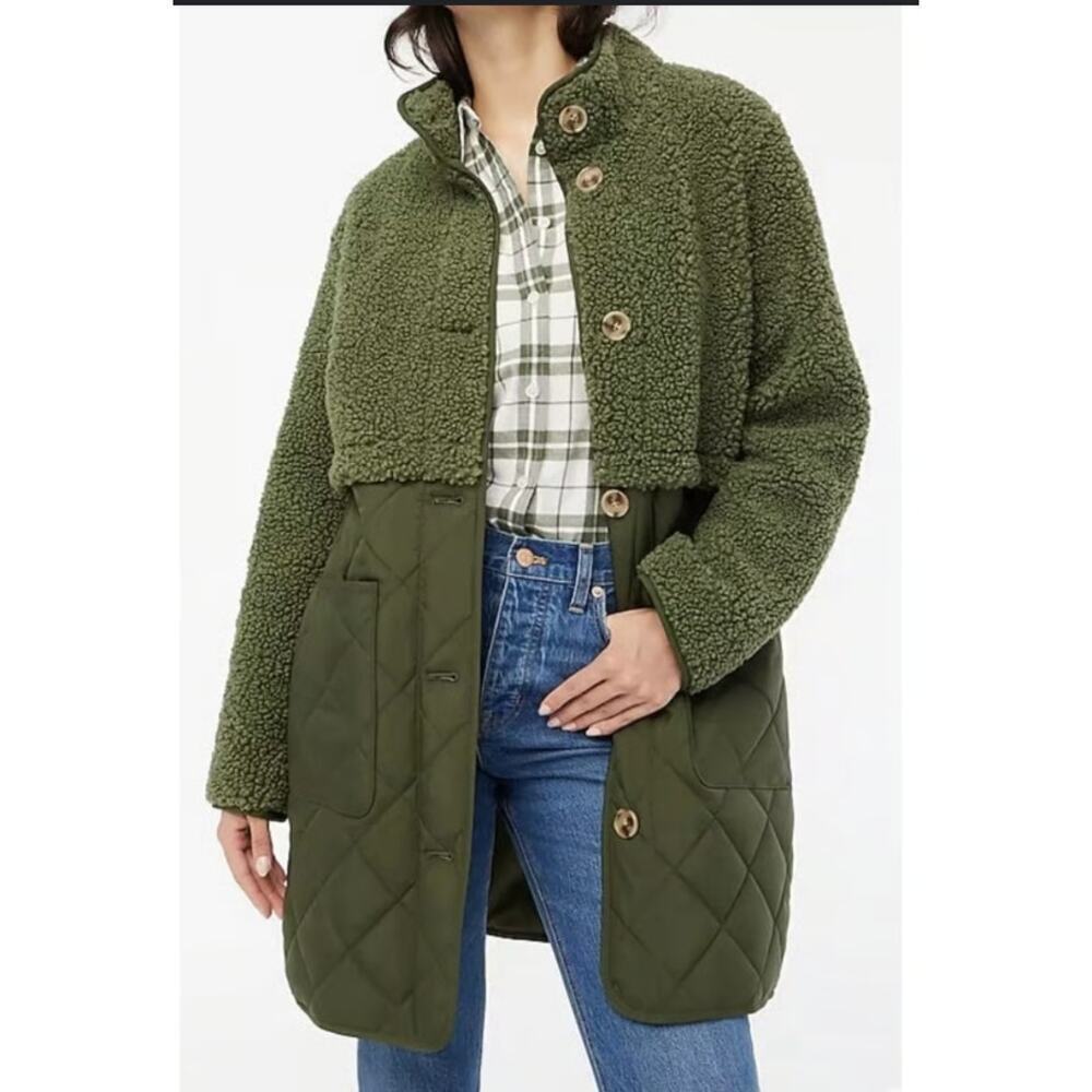 Olive Quilted Sherpa Coat - Women